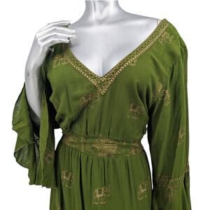 Cute LAPOGEE ELEPHANT MIDI DRESS Olive Green Gold Metallic Rayon Bell Sleeves 2X